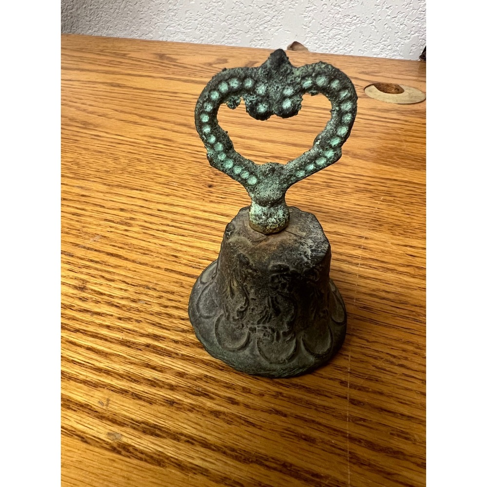 Vintage Spanish Mission Cast Bronze Handbell Ornate Filigree Heart Handle Bell